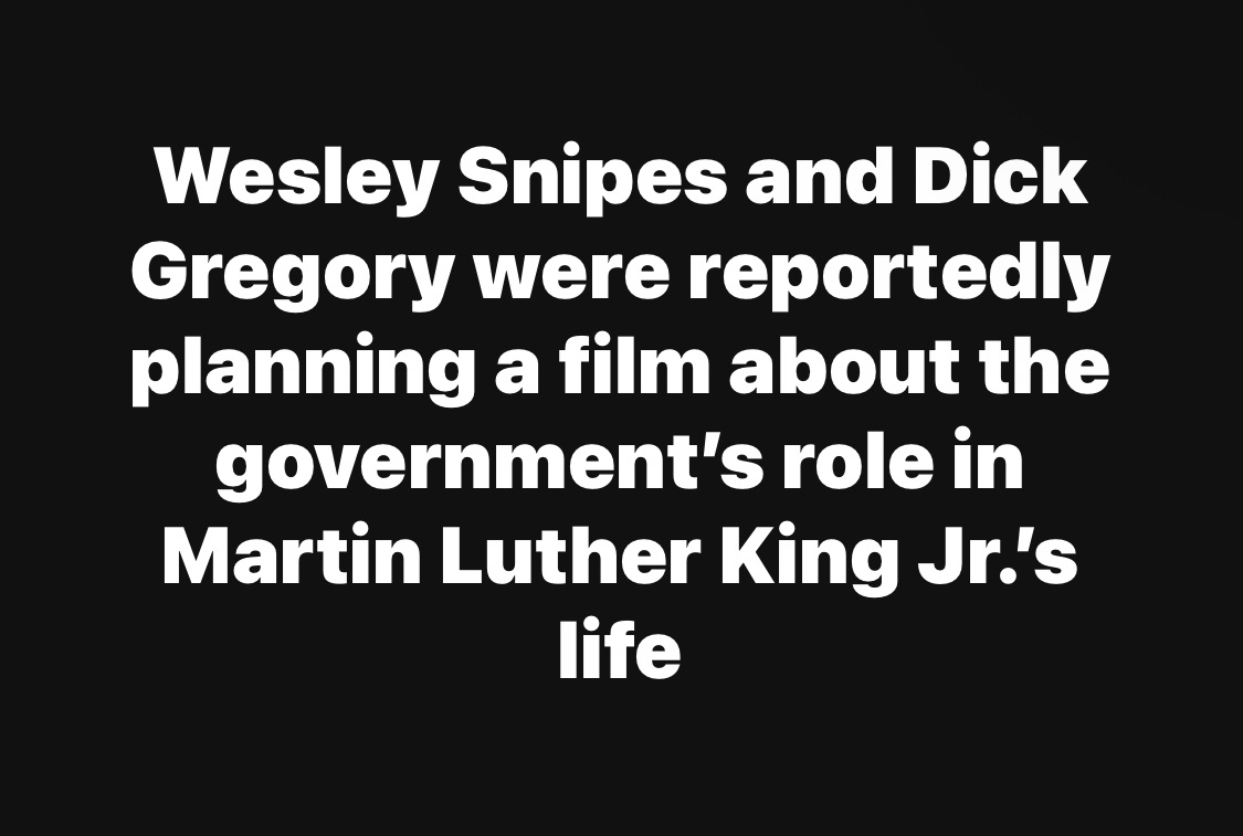 Wesley Snipes and Dick Gregory were reportedly planning a film about the government’s role in Martin Luther King Jr.’s life and surveillance, but the project never materialized after Snipes was arrested for bogus charges