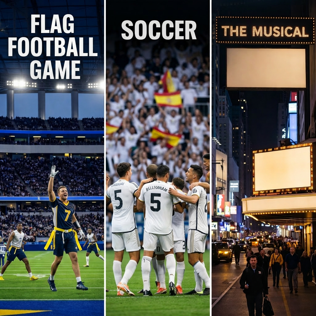 LA football game at SoFi Stadium, Spain soccer players celebrating goal, and Broadway NYC street with Wicked theater sign at night
